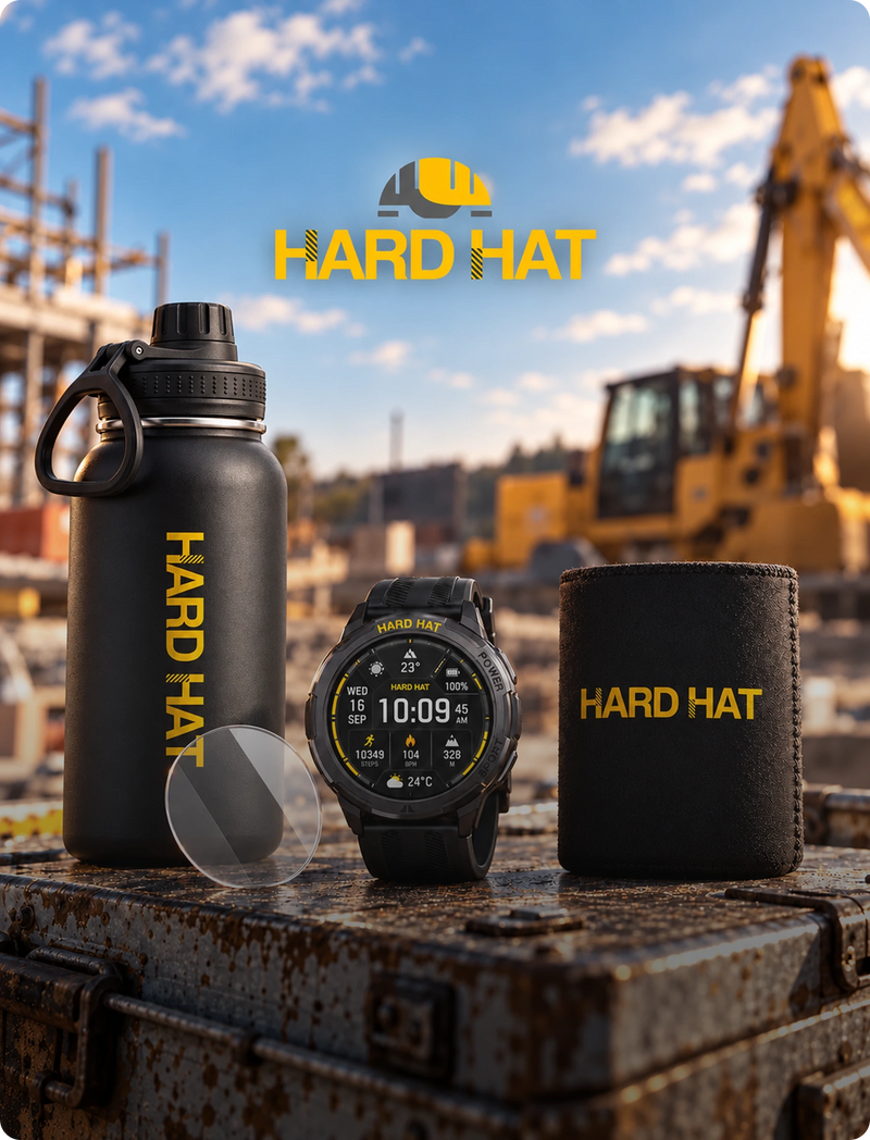 A rugged black smartwatch with a yellow and black Hard Hat logo, displayed alongside a matching black water bottle and a black sleeve on a rusty metal case, with a blurred construction site background and the Hard Hat logo above.